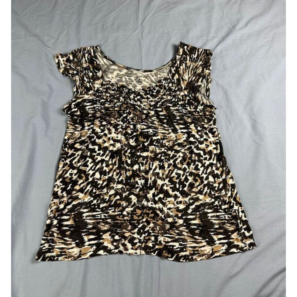 Gnu Women's Animal Print Flutter Sleeve Top Blouse Black Tan Size L Stretch Boho